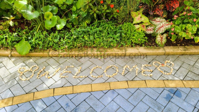東京ディズニーランドホテルの「ミスティマウンテンズ・プール」にある小石を使用したWELCOMEの文字